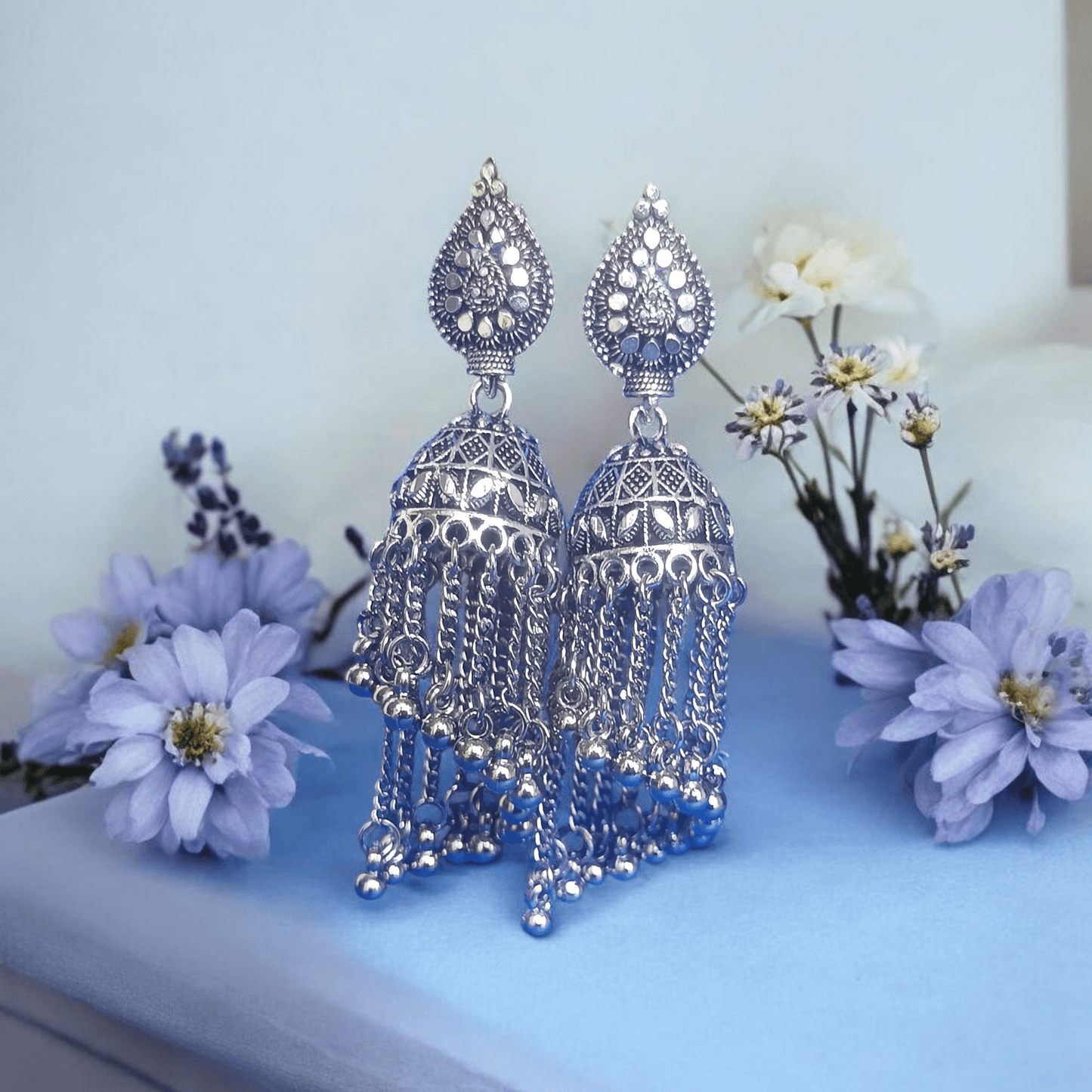 Oxidized Silver Dome Jhumka Earrings with Chain Tassels