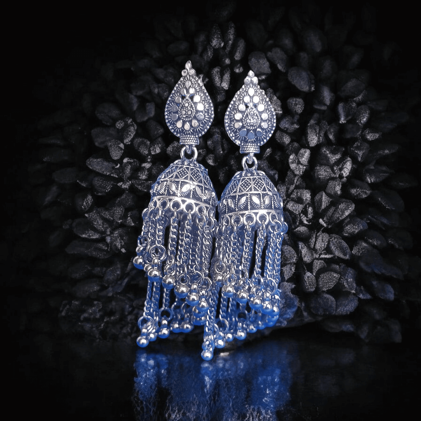 Oxidized Silver Dome Jhumka Earrings with Chain Tassels
