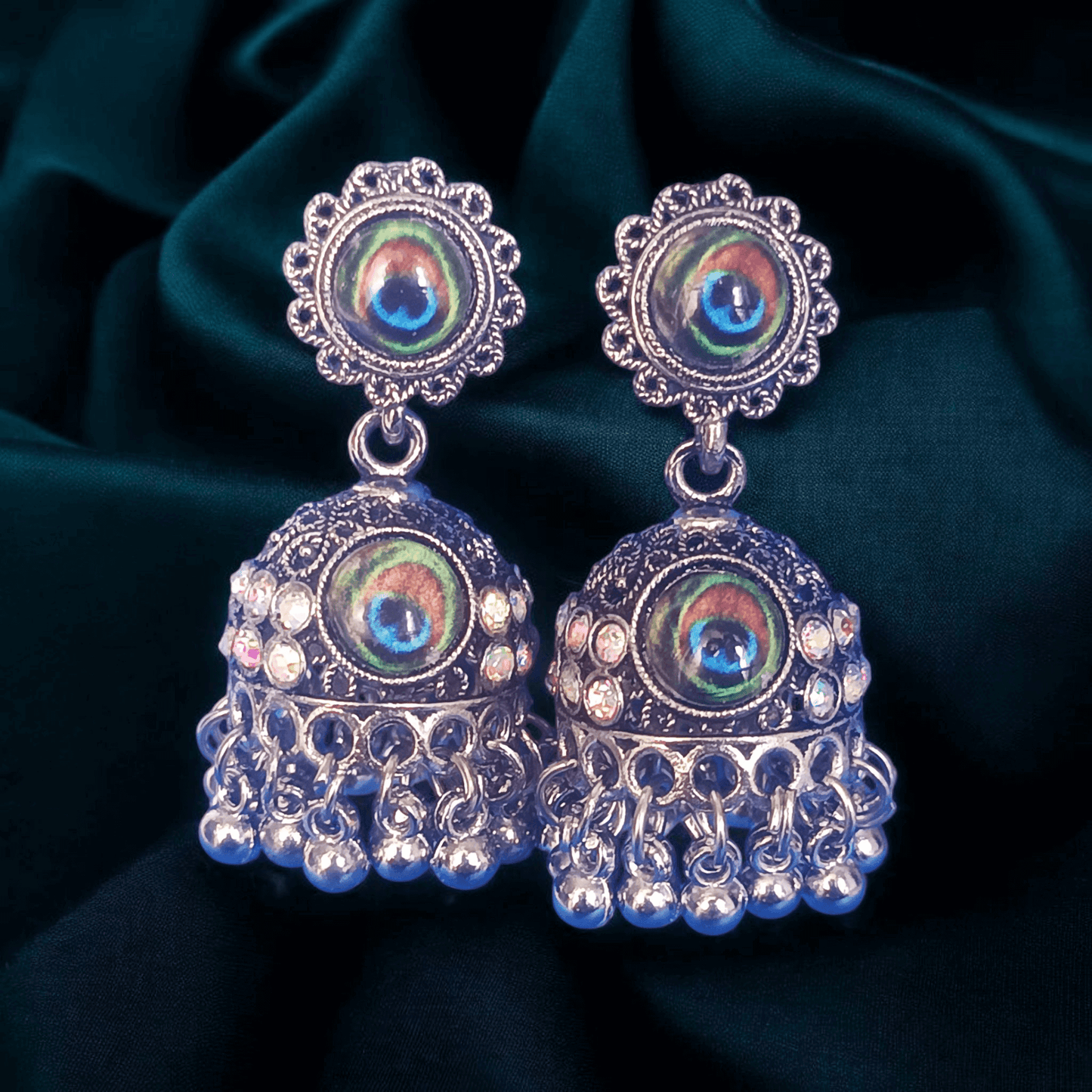 Peacock Design Oxidized Silver Jhumka Earrings
