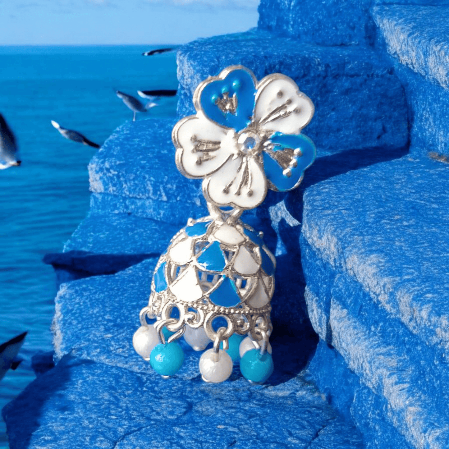 Selenesima Blue Floral Oxidized Jhumka Earrings