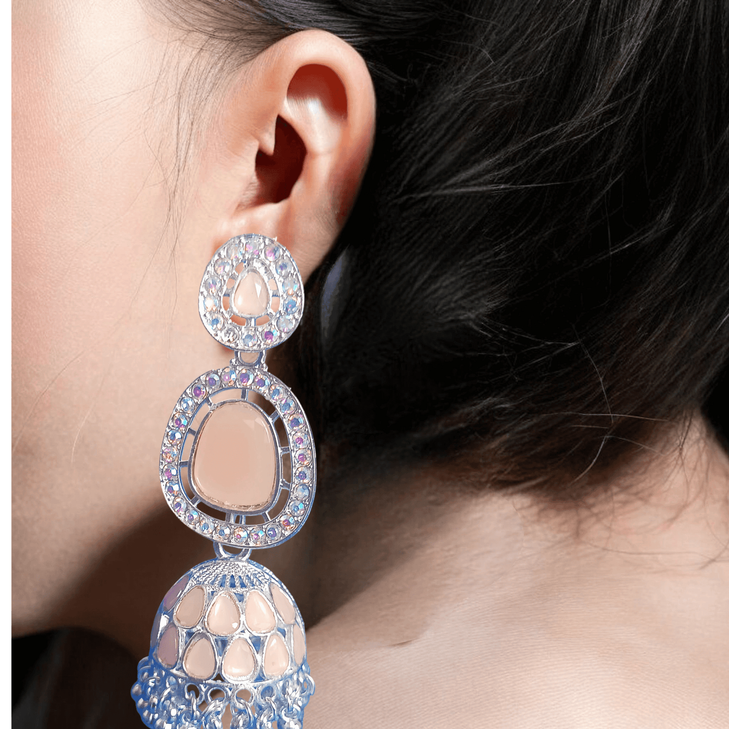 Selenesima peach oxidized jhumka earrings with embellishments model wearing