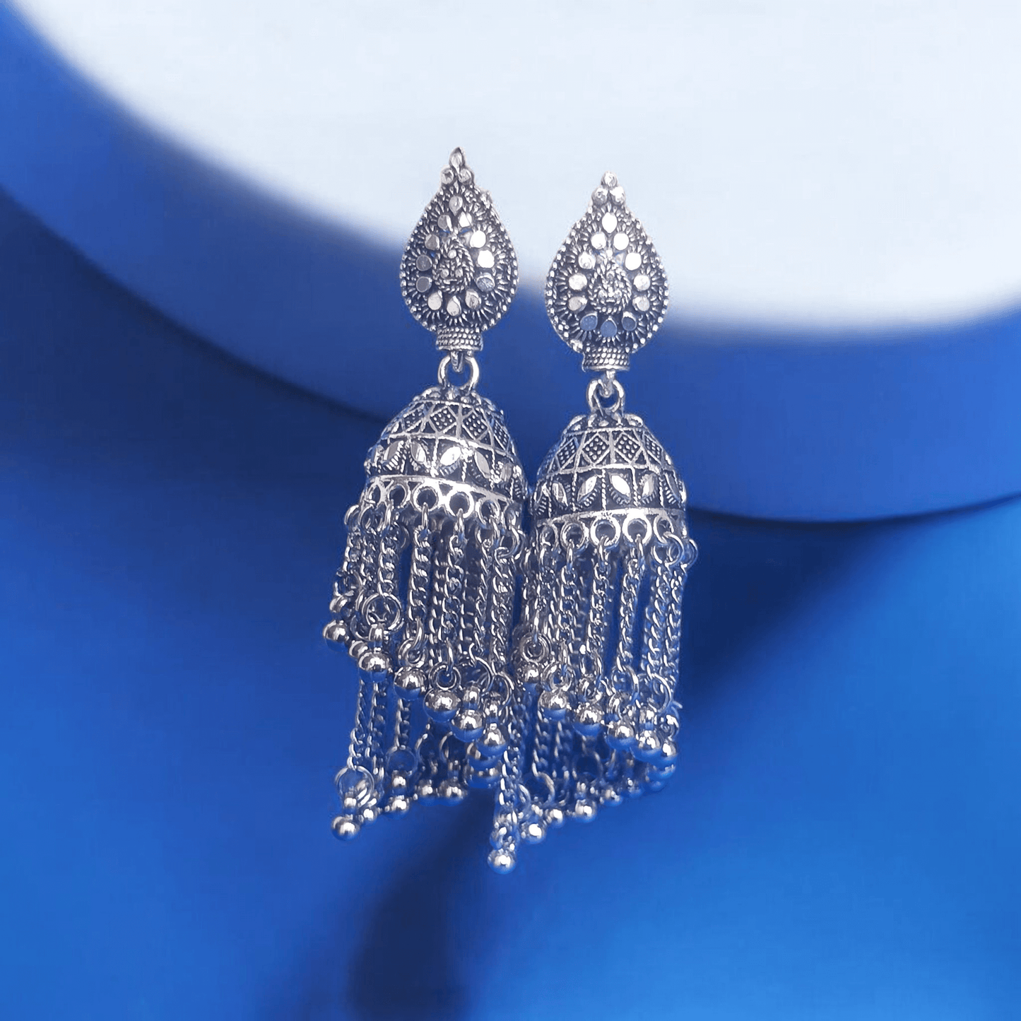 Oxidized Silver Dome Jhumka Earrings with Chain Tassels