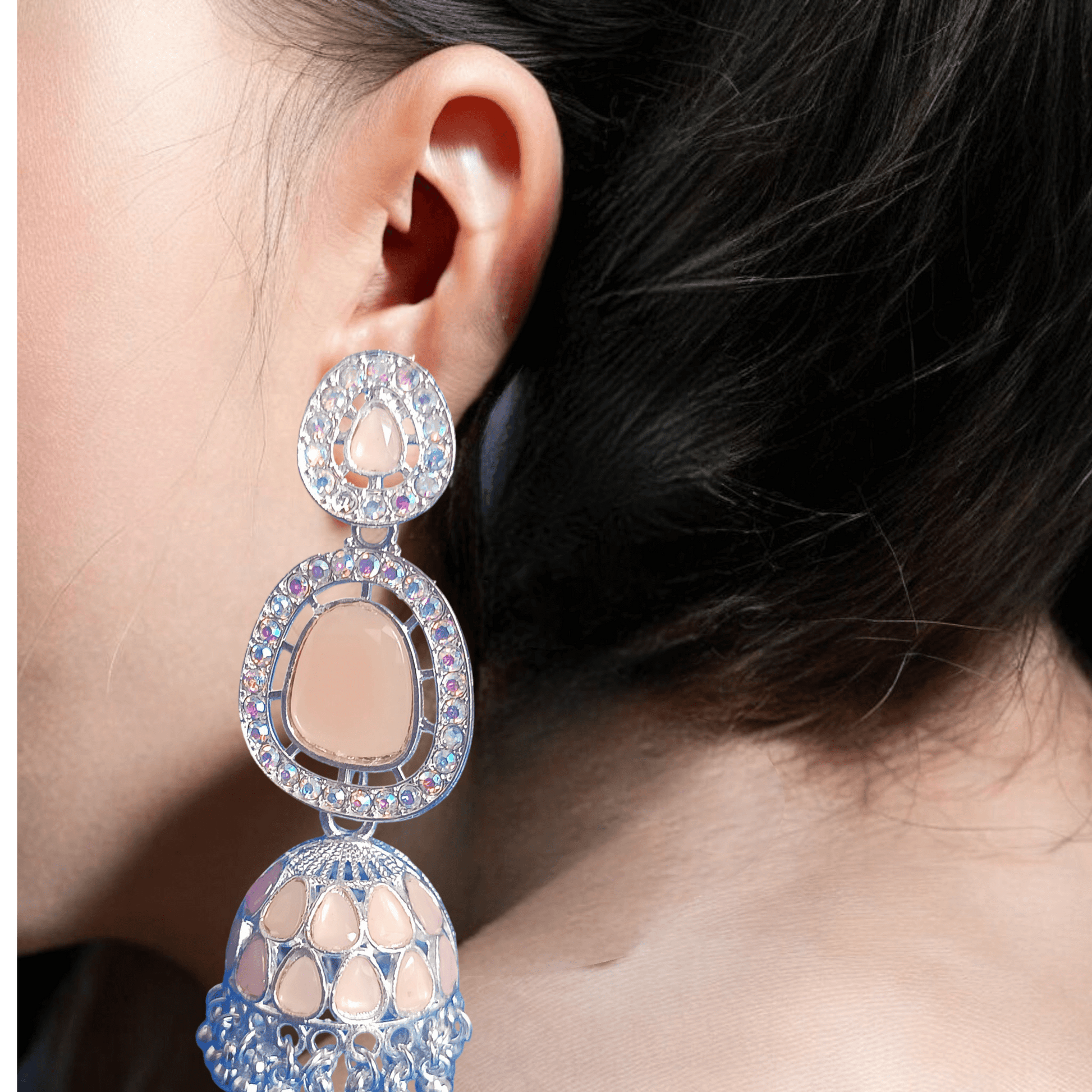 Selenesima peach oxidized jhumka earrings with embellishments model wearing 